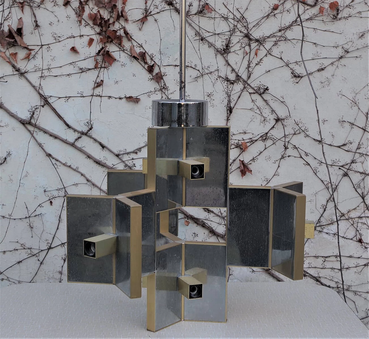 Chandelier in chrome-plated aluminium and brass, 70s 1383168