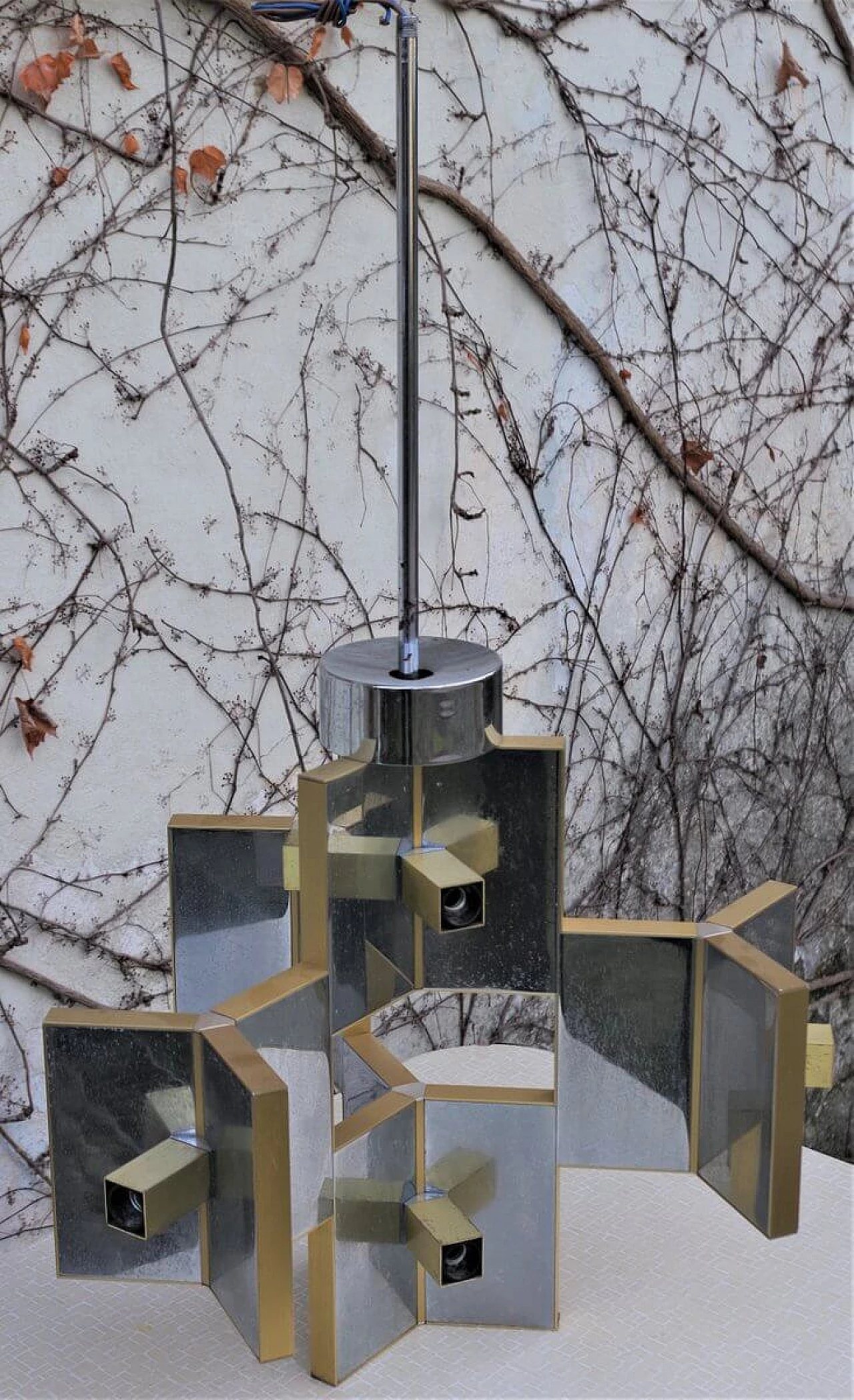 Chandelier in chrome-plated aluminium and brass, 70s 1383169