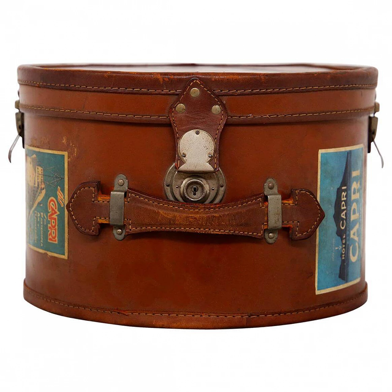 Leather hatbox with steel inserts and stickers, 1930s 1383381