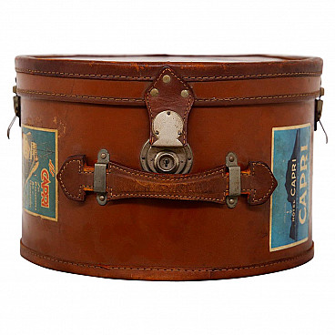 Leather hatbox with steel inserts and stickers, 1930s