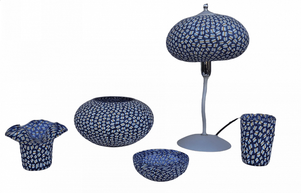 Glasses, bowls and table lamp in hand-painted Murano glass, 90s 1383408