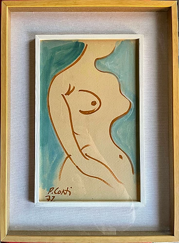 Watercolor on cardboard of female nude by Primo Conti, 1972