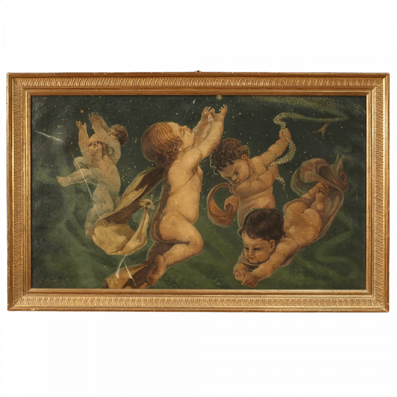 Gioco di putti su cielo stellato, dipinto italiano olio su tela 1384039