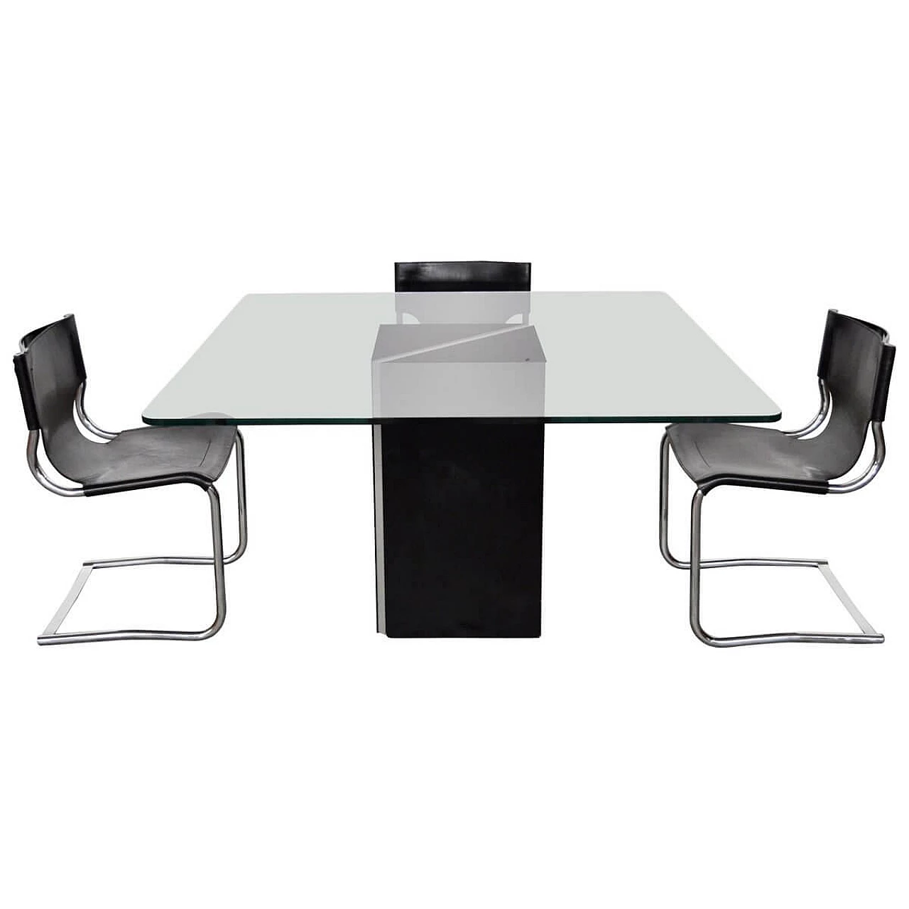 Table with glass top and 4 chairs in tubular metal and leather, 70s 1384852