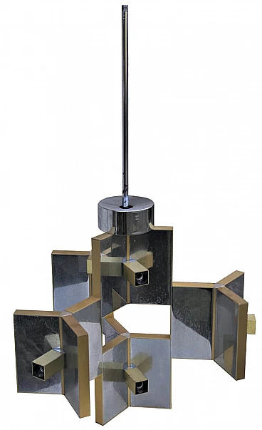 Chandelier in chrome-plated aluminium and brass, 70s