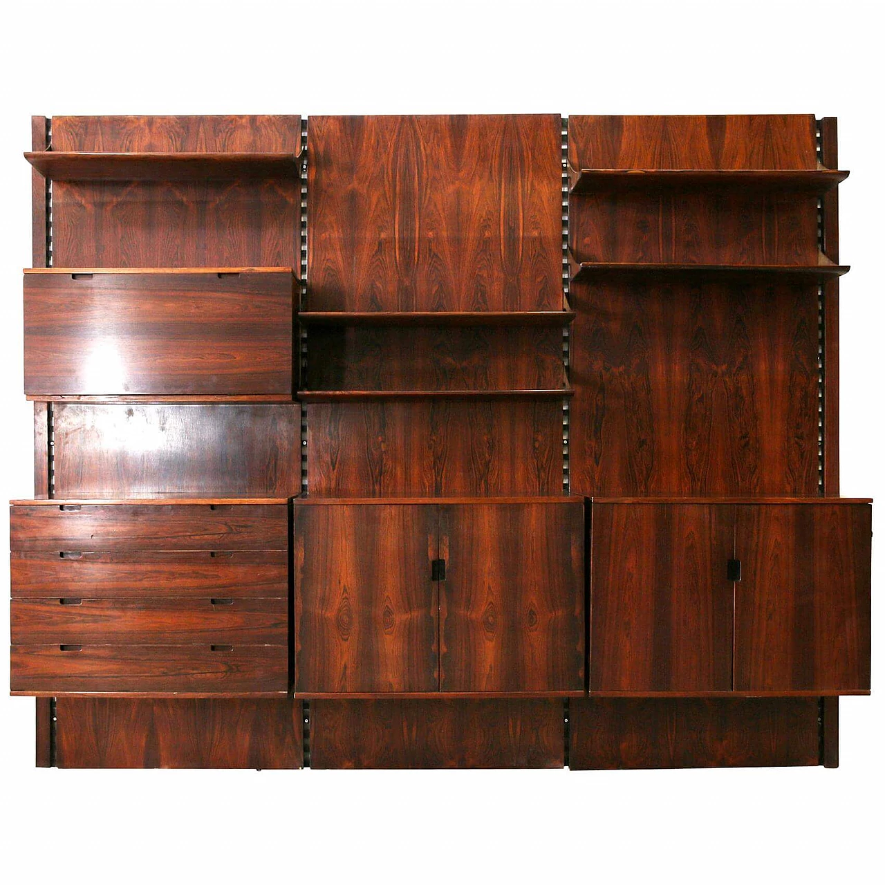 Wall-mounted wooden and brass bookcase by Raffaella Crespi for Mobilia, 1960s 1386545