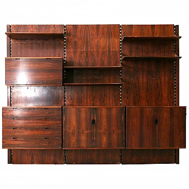 Wall-mounted wooden and brass bookcase by Raffaella Crespi for Mobilia, 1960s
