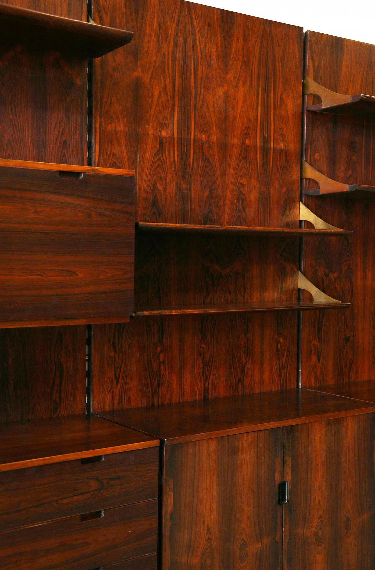 Wall-mounted wooden and brass bookcase by Raffaella Crespi for Mobilia, 1960s 1386548