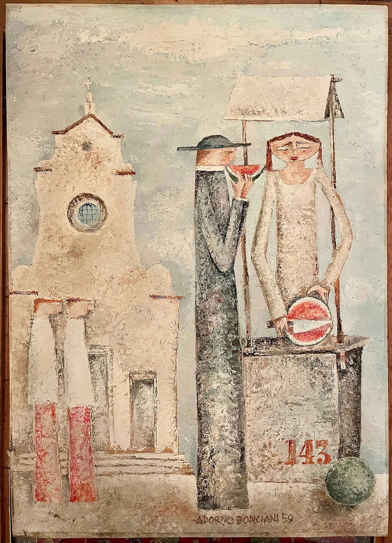 Oil painting on cardboard by Adorno Bonciani, Cocomeraia in Santo Spirito, 1959 1386555