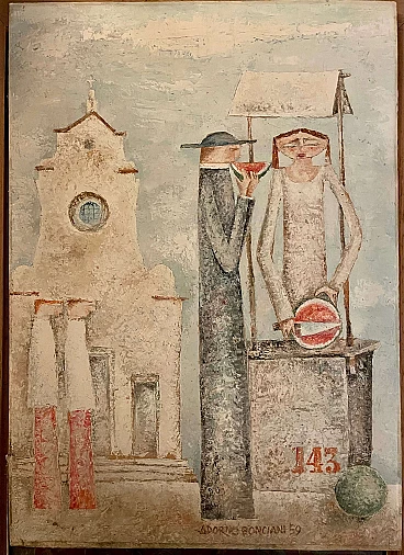 Oil painting on cardboard by Adorno Bonciani, Cocomeraia in Santo Spirito, 1959