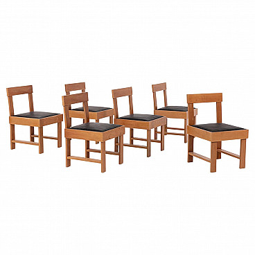 6 BBPR Studio chairs in wood and black leather, 1940s