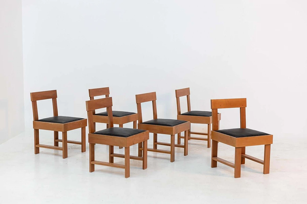 6 BBPR Studio chairs in wood and black leather, 1940s 1386829