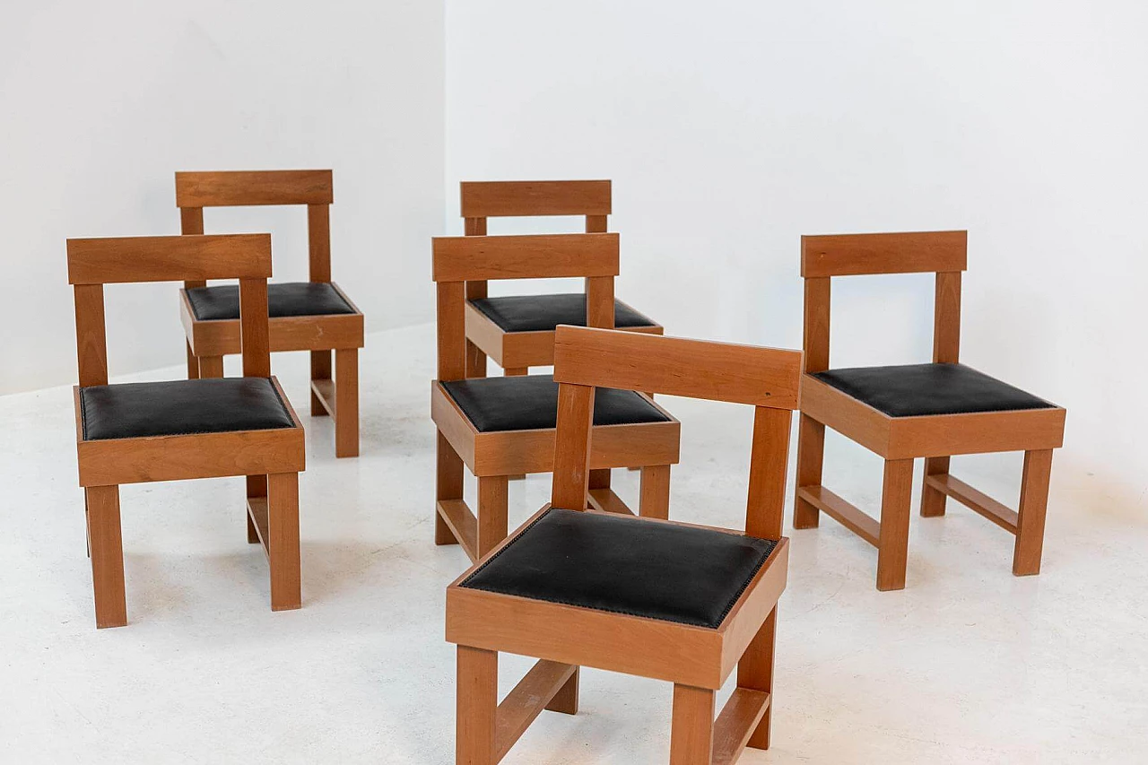 6 BBPR Studio chairs in wood and black leather, 1940s 1386834