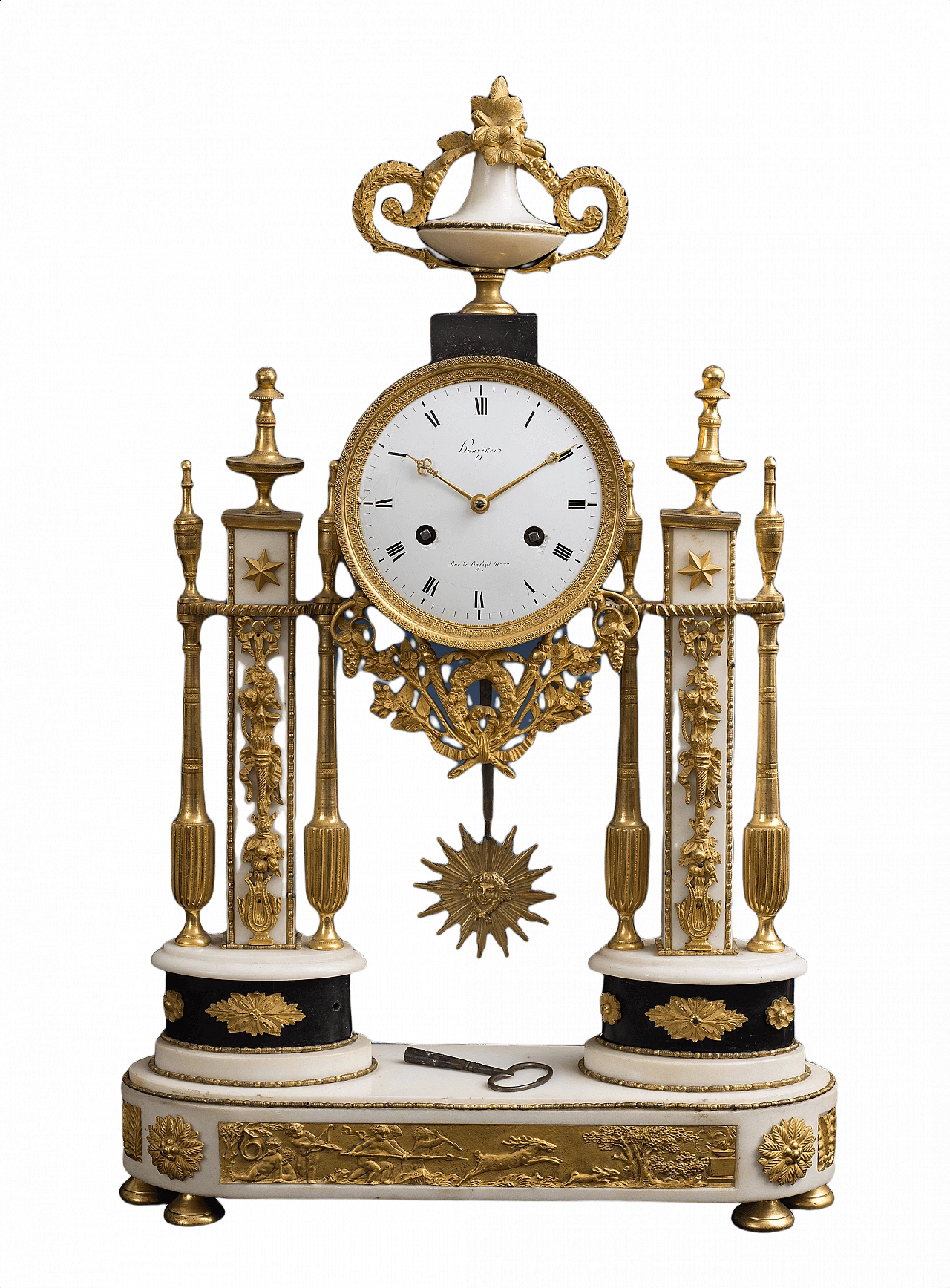 Orologio francese stile Luigi XVI in bronzo dorato e marmo, '800 1394456