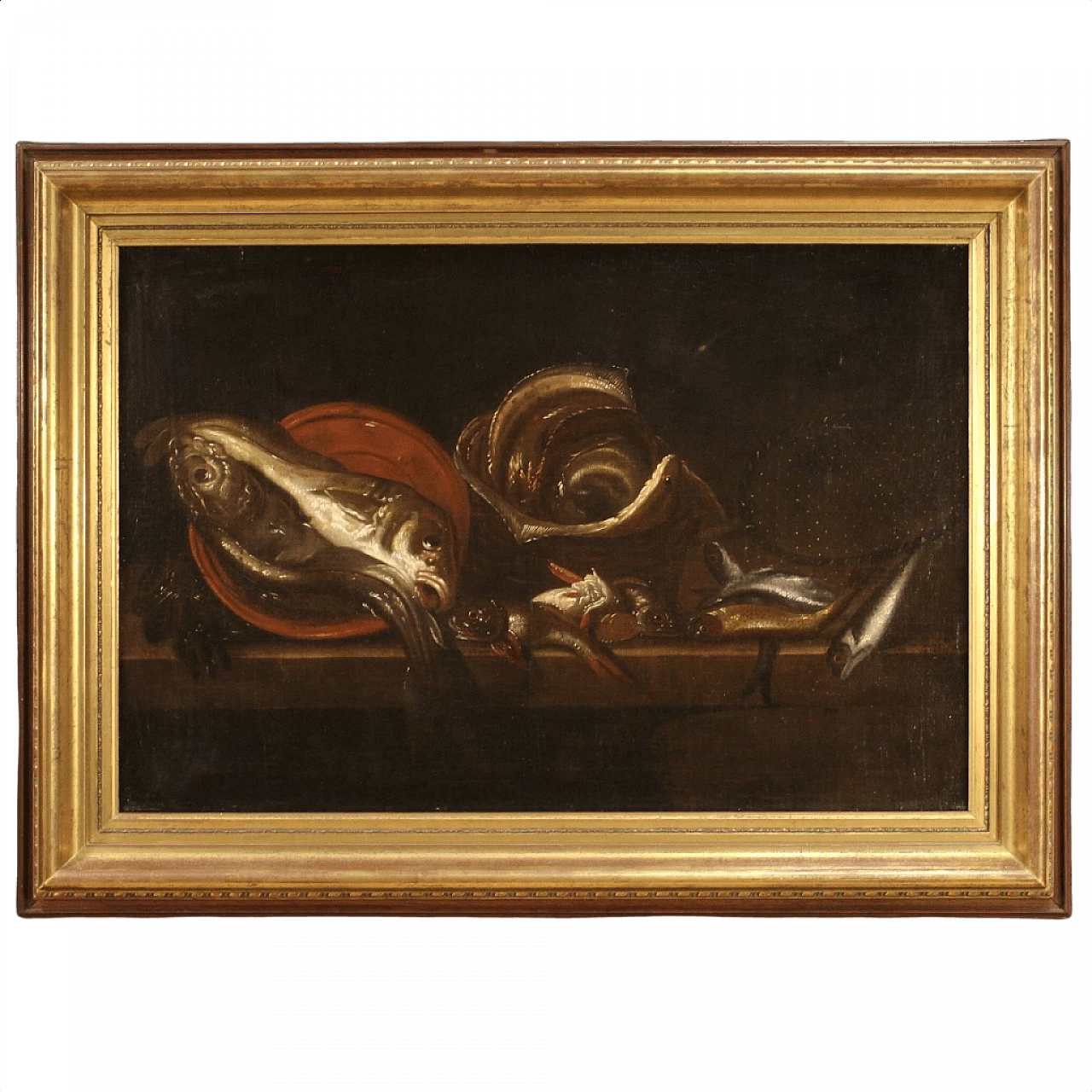 Natura morta con pesci, dipinto napoletano olio su tela, '600 1394469