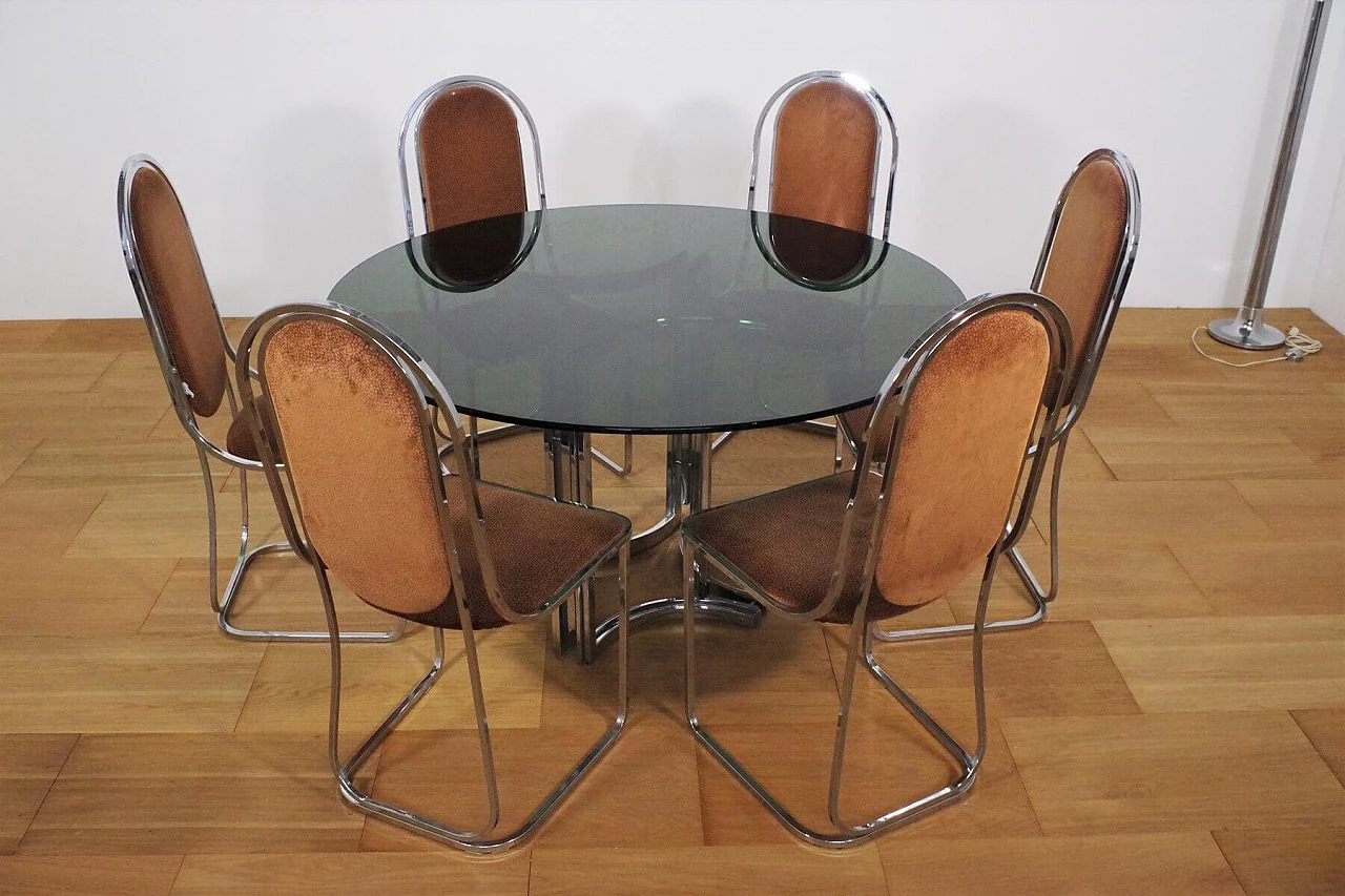Table in metal and smoked glass top with 6 chairs in metal and fabric by Alessandro Albrizzi, 70s 1394705