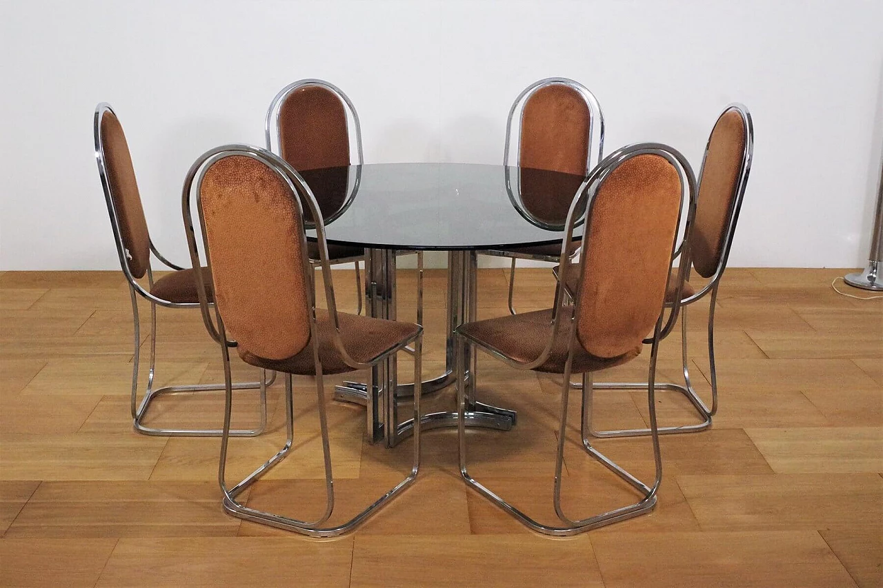 Table in metal and smoked glass top with 6 chairs in metal and fabric by Alessandro Albrizzi, 70s 1394706
