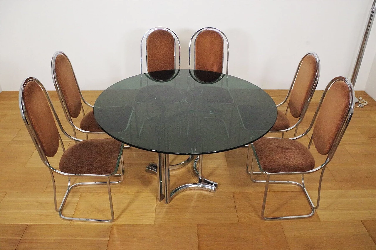 Table in metal and smoked glass top with 6 chairs in metal and fabric by Alessandro Albrizzi, 70s 1394708