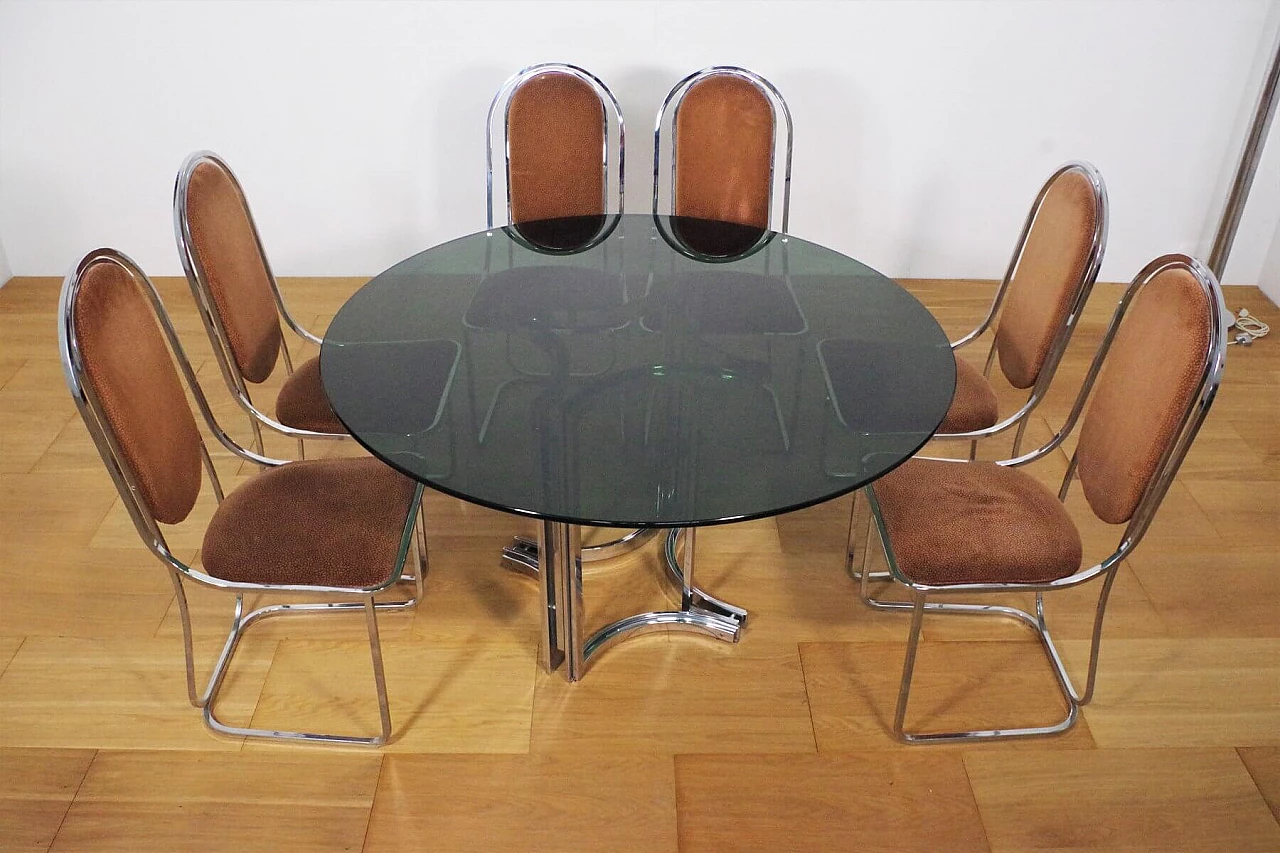 Table in metal and smoked glass top with 6 chairs in metal and fabric by Alessandro Albrizzi, 70s 1394709
