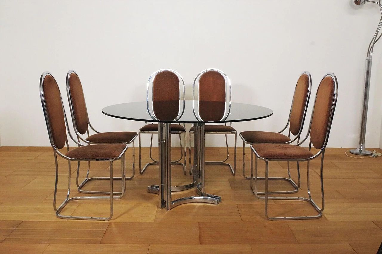 Table in metal and smoked glass top with 6 chairs in metal and fabric by Alessandro Albrizzi, 70s 1394710