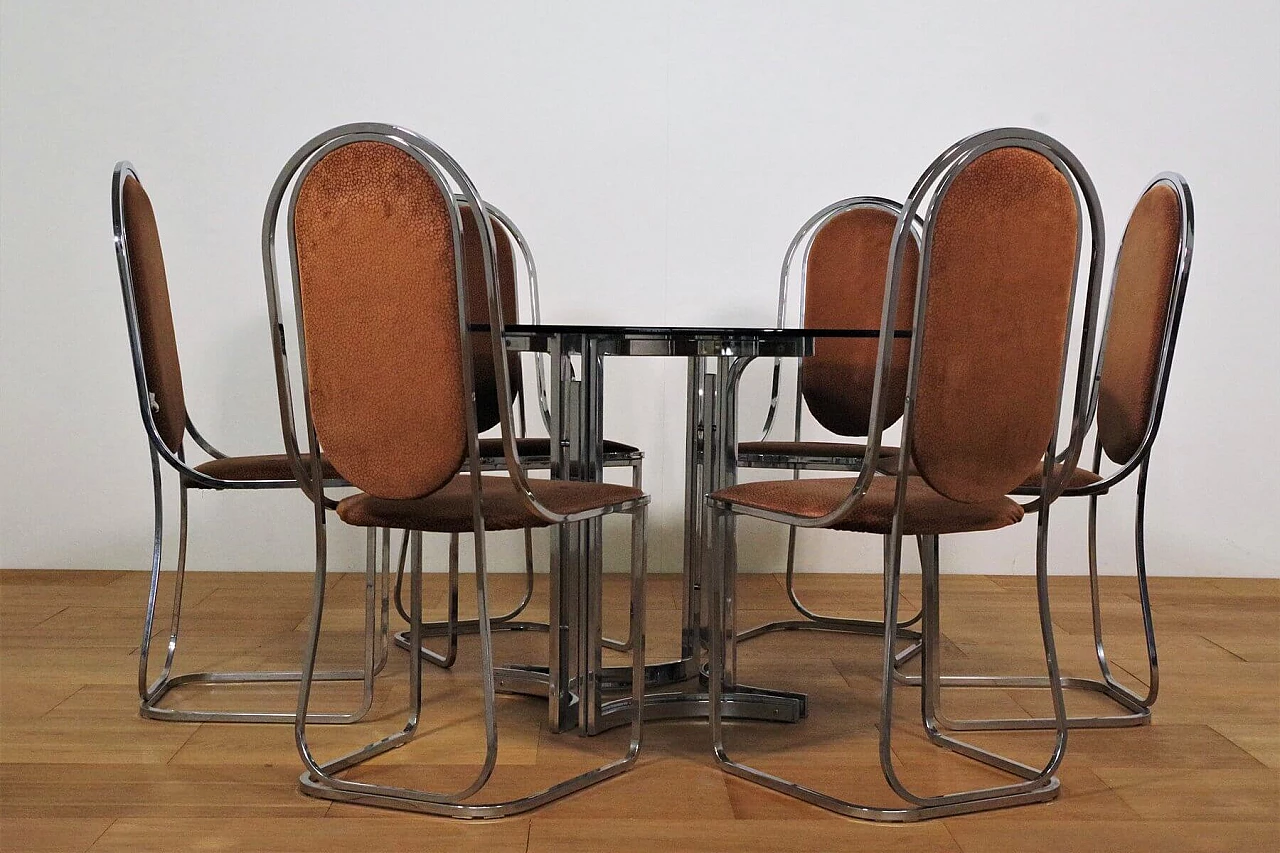 Table in metal and smoked glass top with 6 chairs in metal and fabric by Alessandro Albrizzi, 70s 1394711