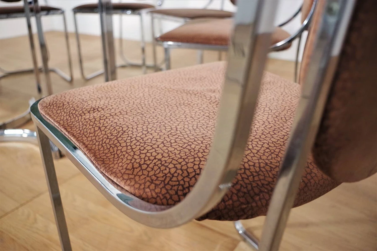 Table in metal and smoked glass top with 6 chairs in metal and fabric by Alessandro Albrizzi, 70s 1394712