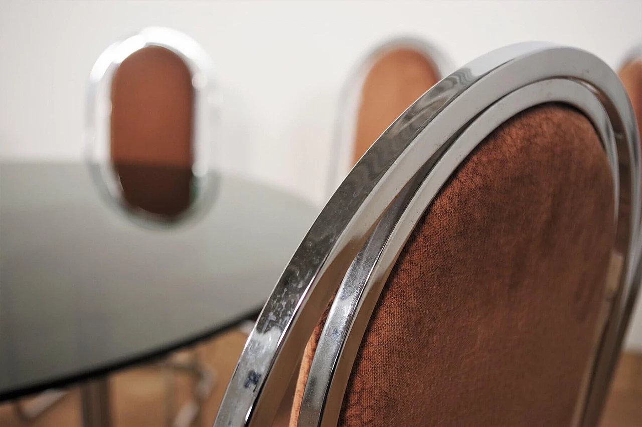 Table in metal and smoked glass top with 6 chairs in metal and fabric by Alessandro Albrizzi, 70s 1394713