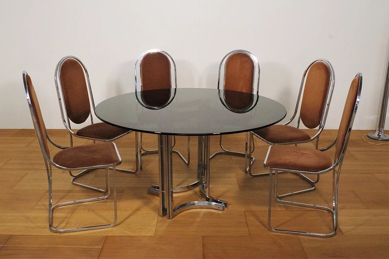 Table in metal and smoked glass top with 6 chairs in metal and fabric by Alessandro Albrizzi, 70s 1394714