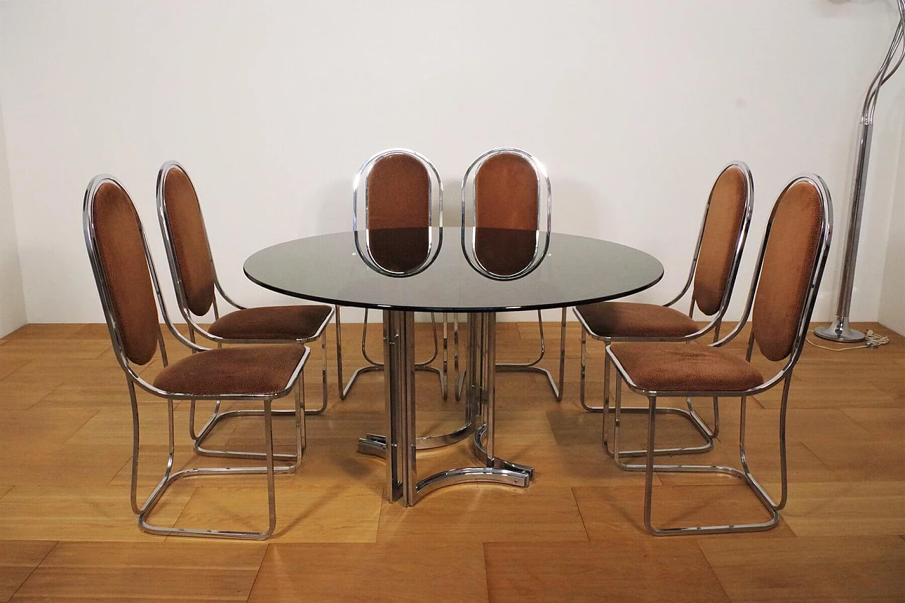 Table in metal and smoked glass top with 6 chairs in metal and fabric by Alessandro Albrizzi, 70s 1394715