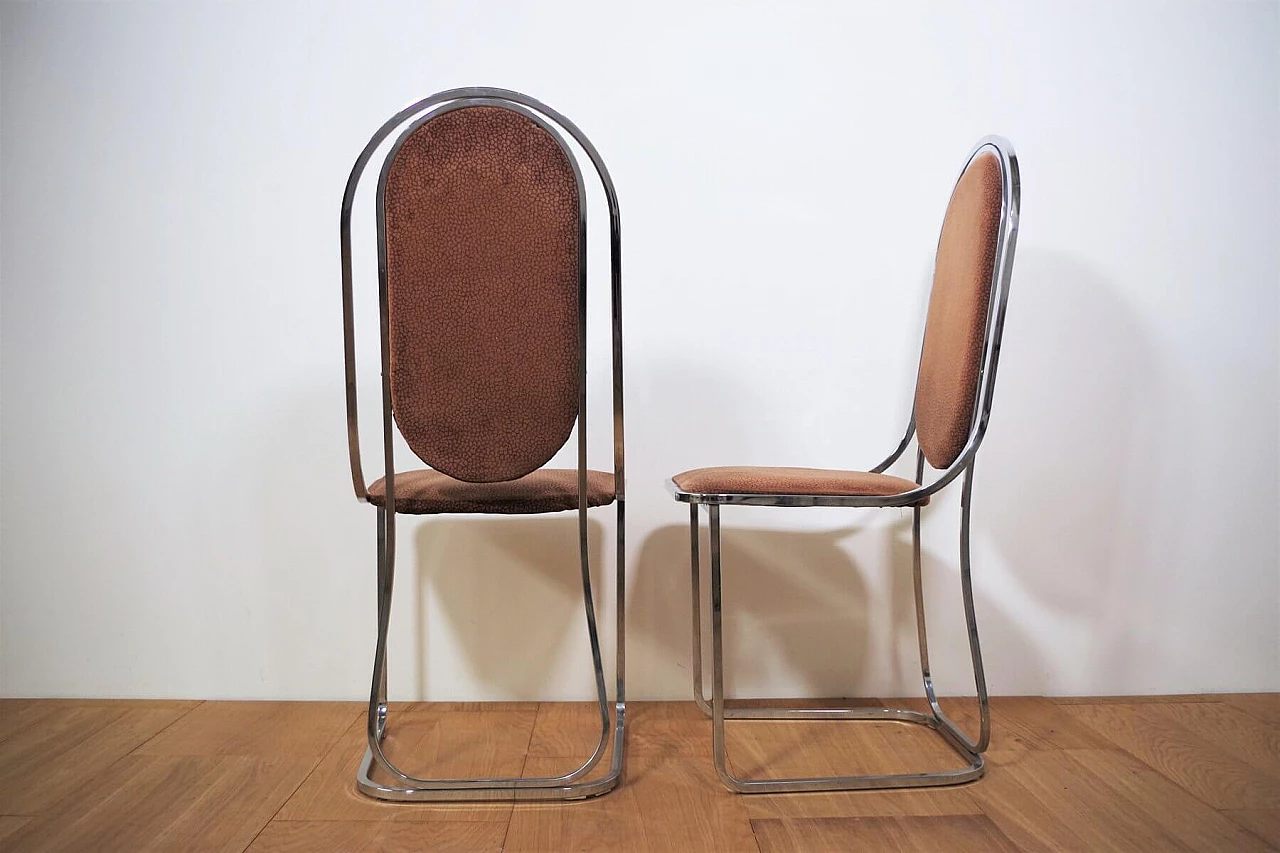 Table in metal and smoked glass top with 6 chairs in metal and fabric by Alessandro Albrizzi, 70s 1394716