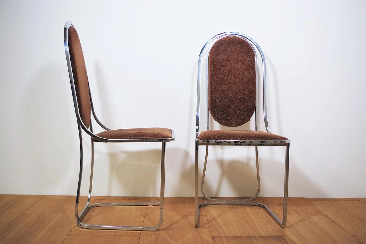 Table in metal and smoked glass top with 6 chairs in metal and fabric by Alessandro Albrizzi, 70s 1394717