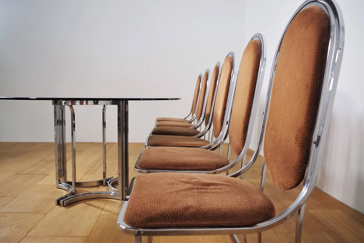 Table in metal and smoked glass top with 6 chairs in metal and fabric by Alessandro Albrizzi, 70s 1394719