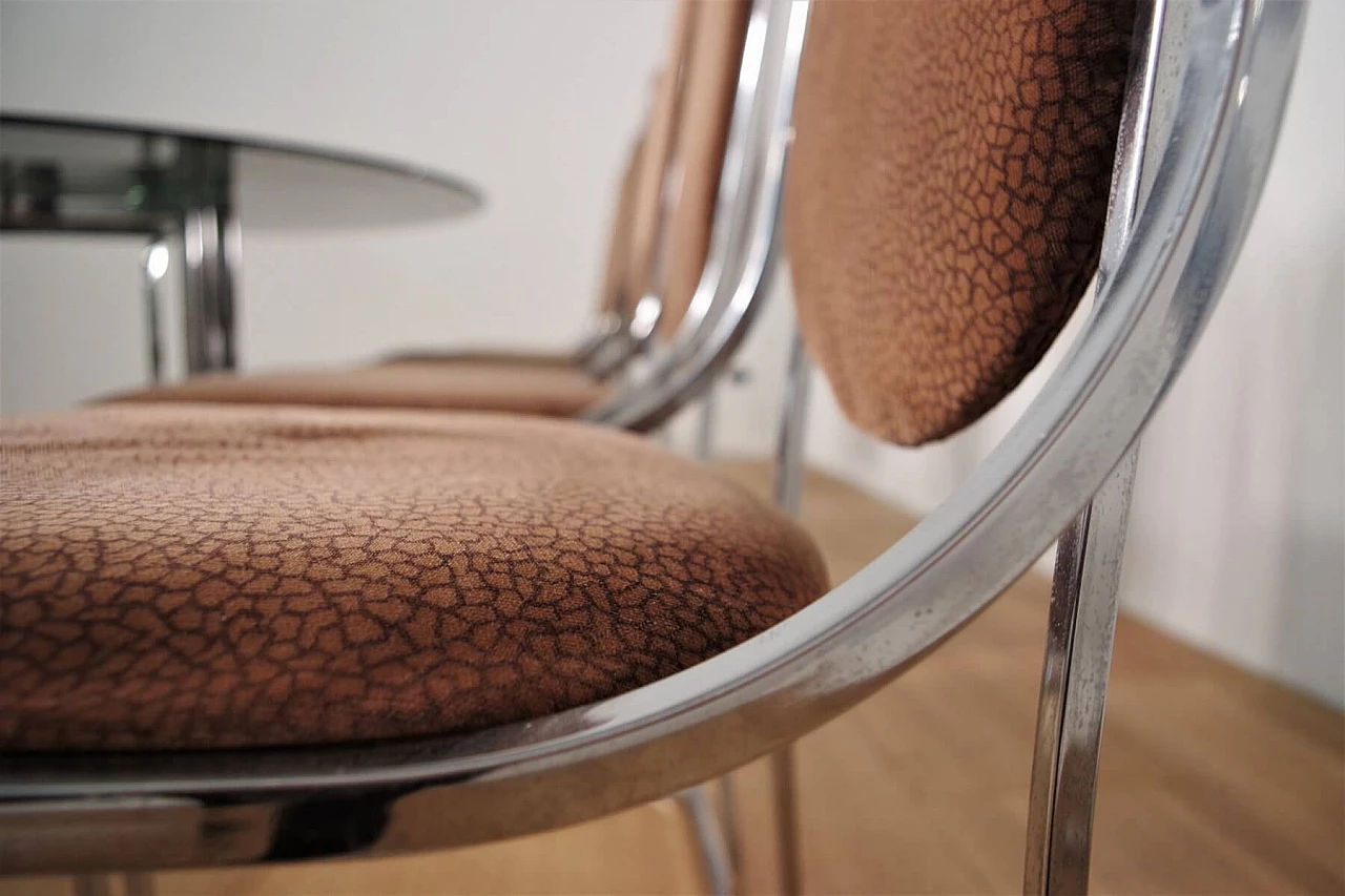 Table in metal and smoked glass top with 6 chairs in metal and fabric by Alessandro Albrizzi, 70s 1394720