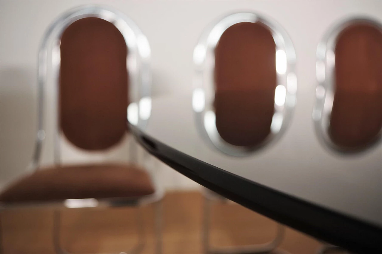 Table in metal and smoked glass top with 6 chairs in metal and fabric by Alessandro Albrizzi, 70s 1394722