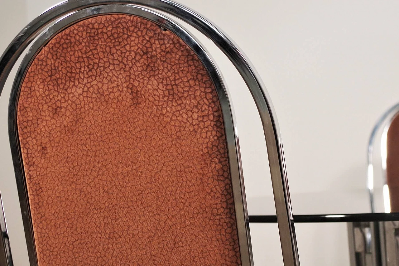 Table in metal and smoked glass top with 6 chairs in metal and fabric by Alessandro Albrizzi, 70s 1394723