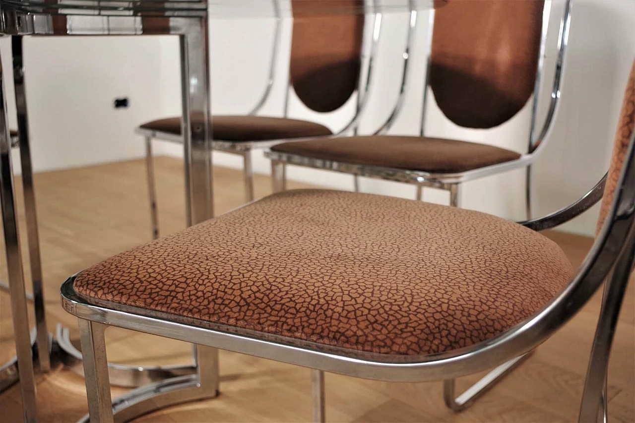 Table in metal and smoked glass top with 6 chairs in metal and fabric by Alessandro Albrizzi, 70s 1394724