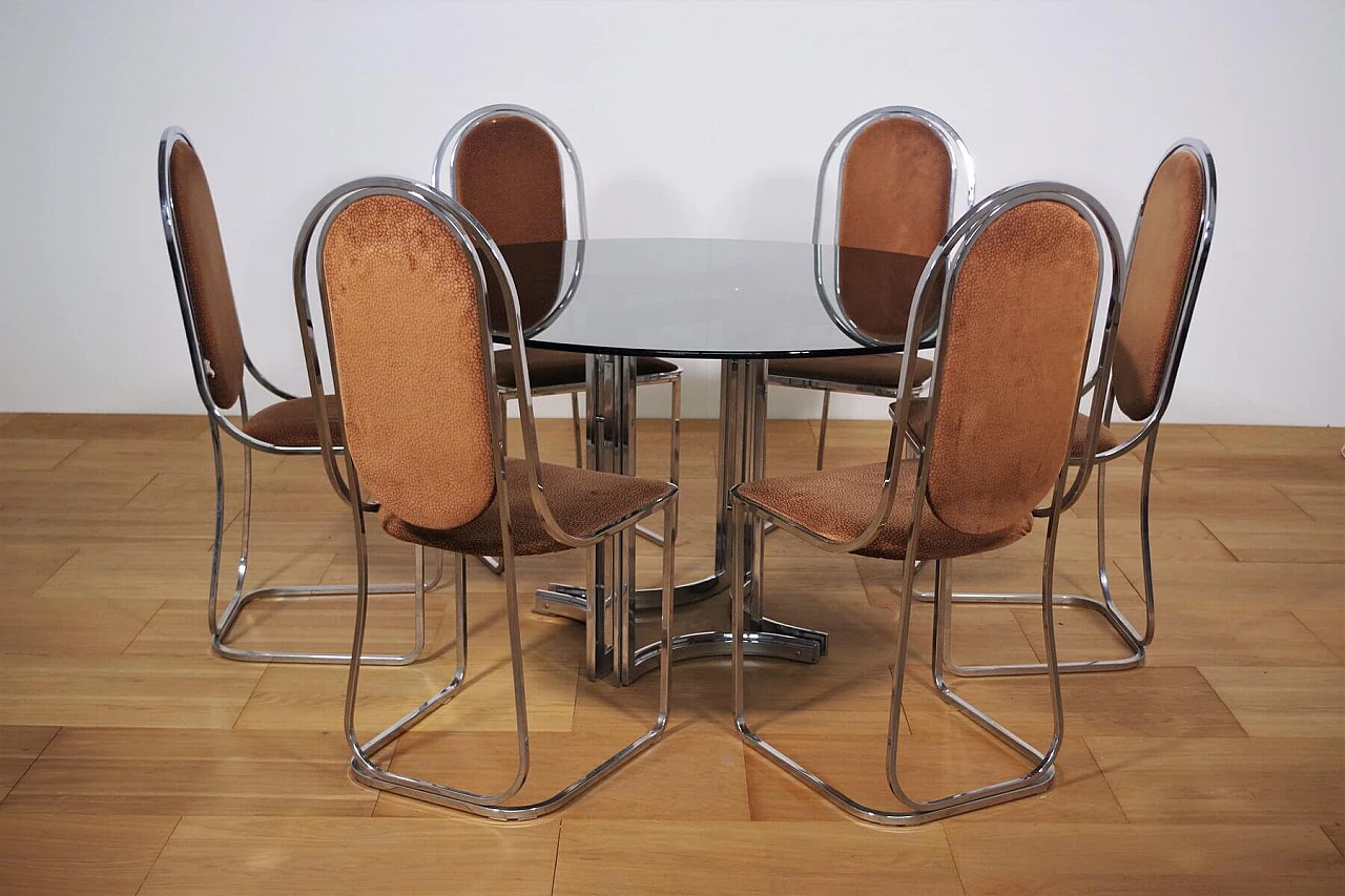 Table in metal and smoked glass top with 6 chairs in metal and fabric by Alessandro Albrizzi, 70s 1394728