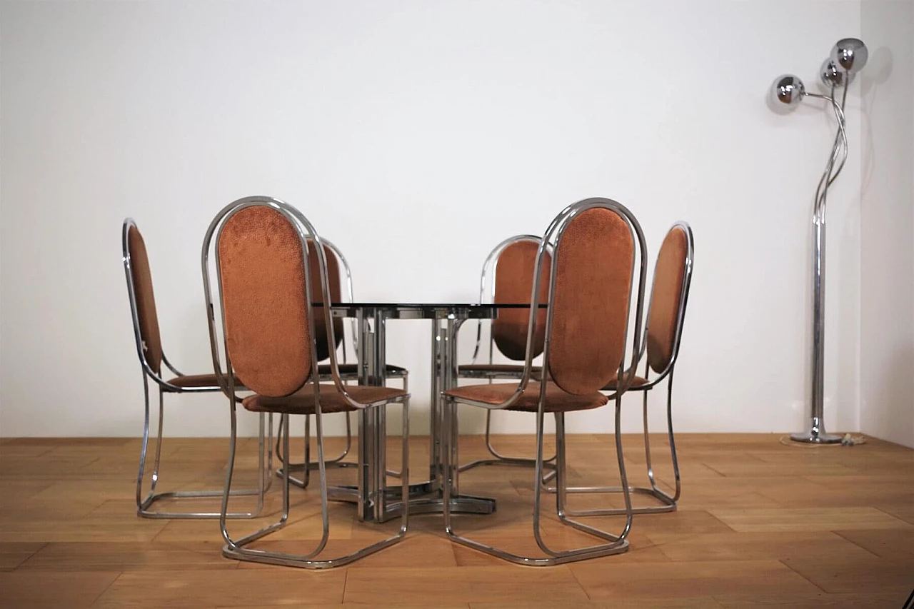 Table in metal and smoked glass top with 6 chairs in metal and fabric by Alessandro Albrizzi, 70s 1394729