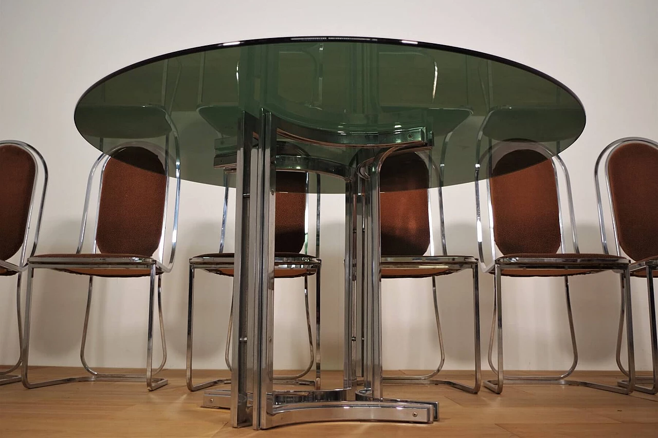 Table in metal and smoked glass top with 6 chairs in metal and fabric by Alessandro Albrizzi, 70s 1394730