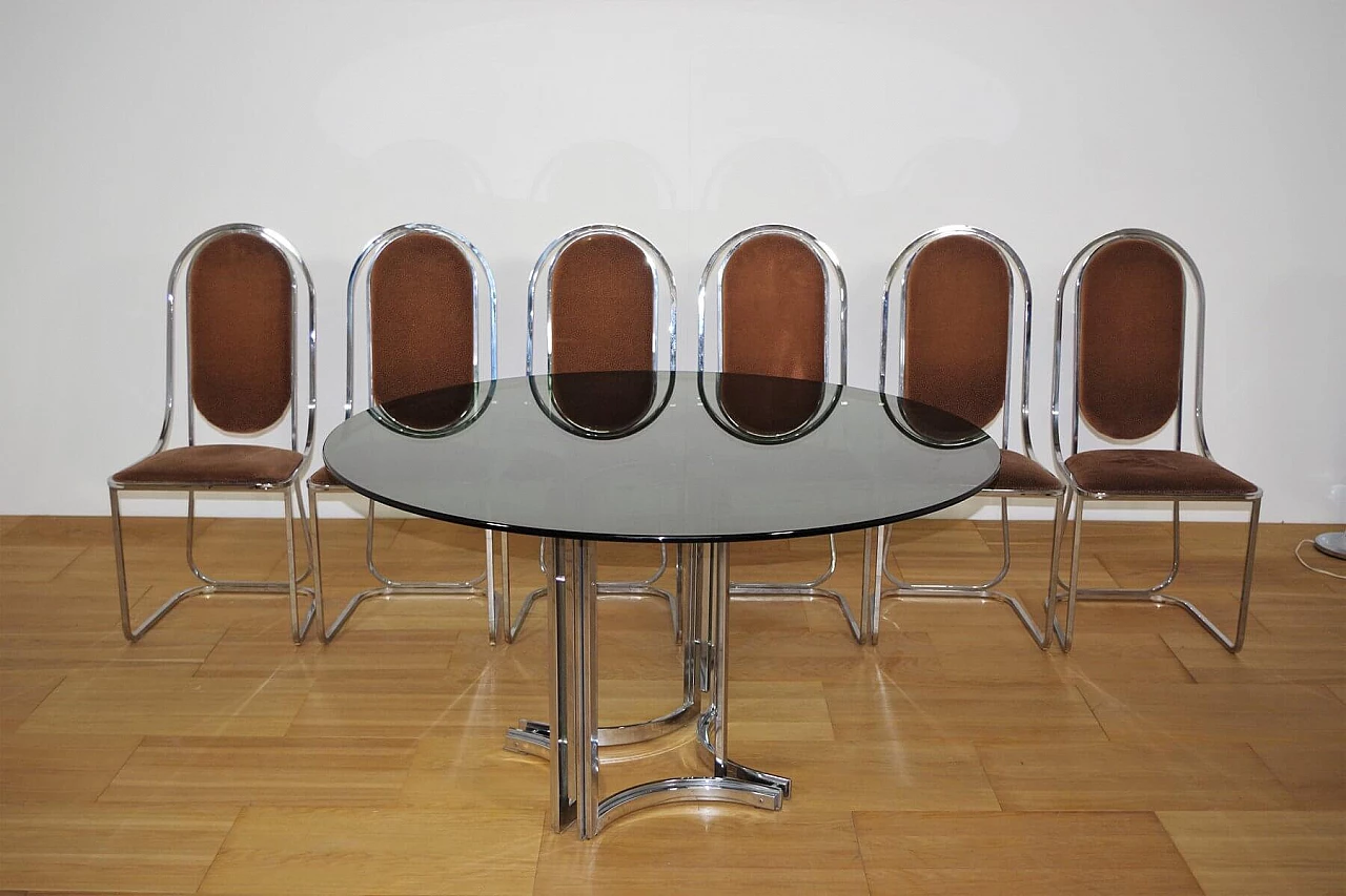 Table in metal and smoked glass top with 6 chairs in metal and fabric by Alessandro Albrizzi, 70s 1394732