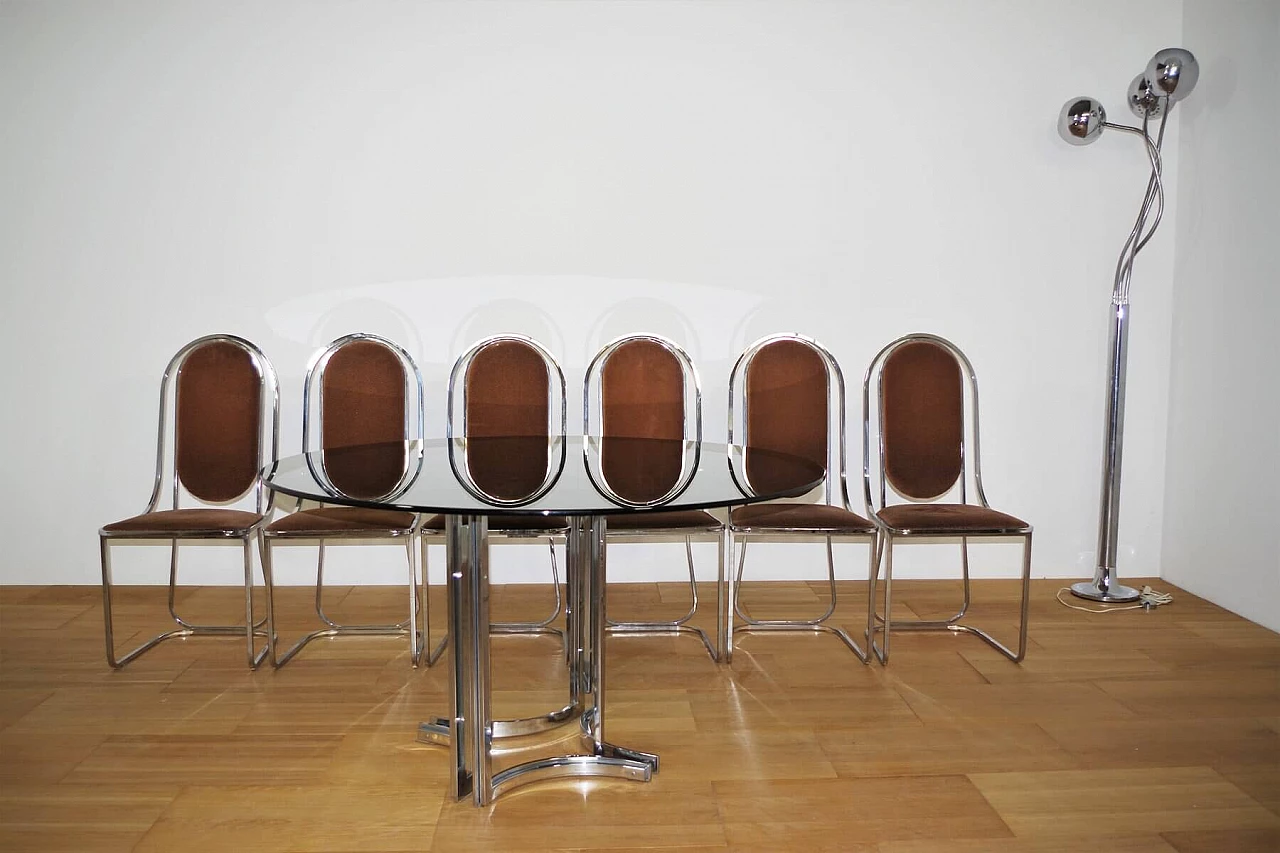 Table in metal and smoked glass top with 6 chairs in metal and fabric by Alessandro Albrizzi, 70s 1394734