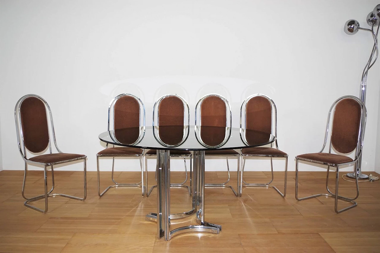 Table in metal and smoked glass top with 6 chairs in metal and fabric by Alessandro Albrizzi, 70s 1394736