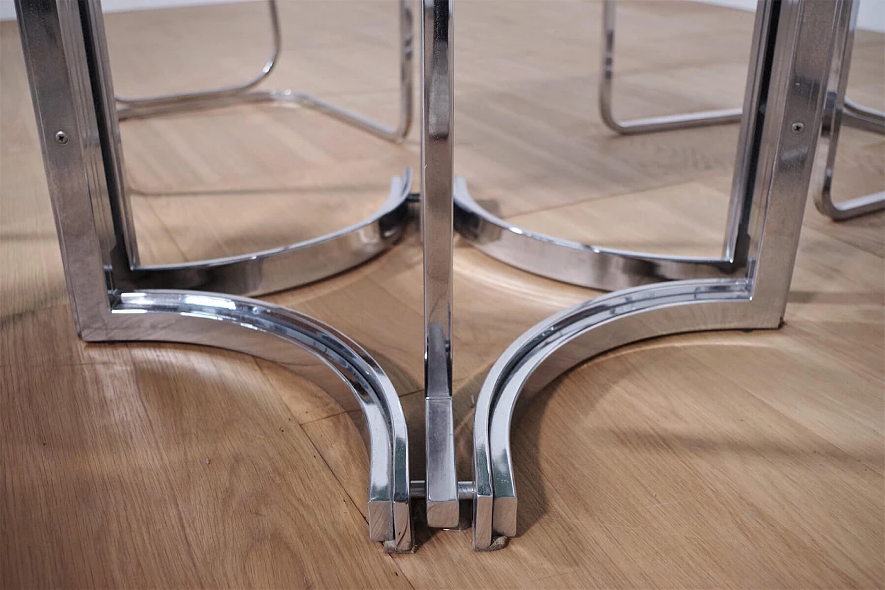 Table in metal and smoked glass top with 6 chairs in metal and fabric by Alessandro Albrizzi, 70s 1394737