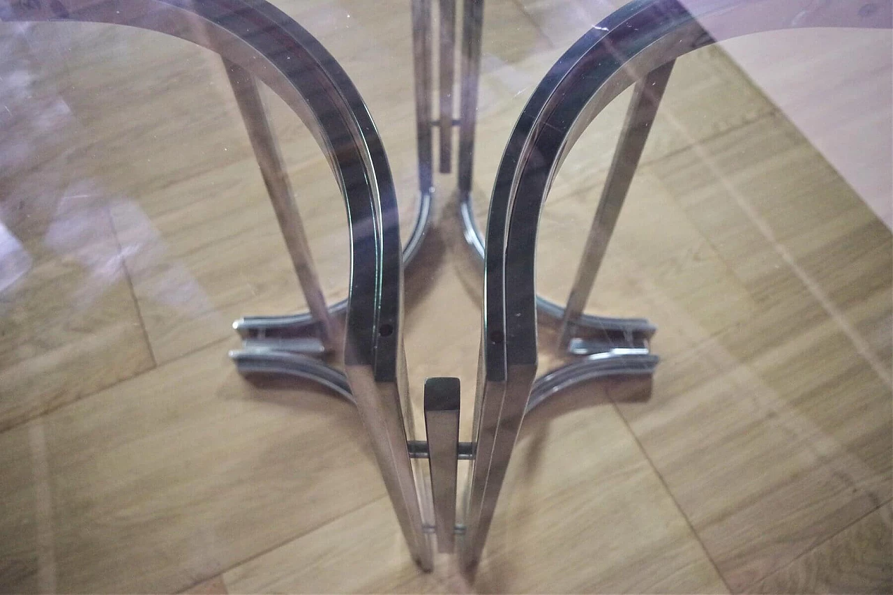 Table in metal and smoked glass top with 6 chairs in metal and fabric by Alessandro Albrizzi, 70s 1394738