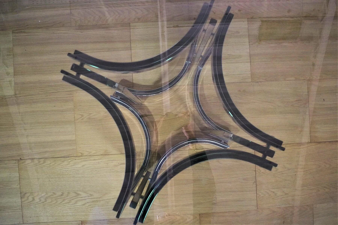 Table in metal and smoked glass top with 6 chairs in metal and fabric by Alessandro Albrizzi, 70s 1394740