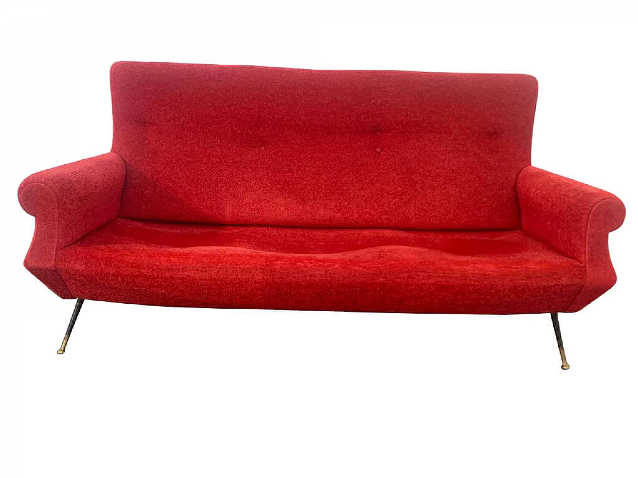 Red fabric sofa with black and gold brass legs, 1950s 1394759