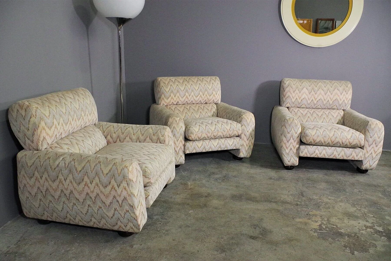 3 Armchairs with Missoni-style fabric and wooden feet, 70s 1394792