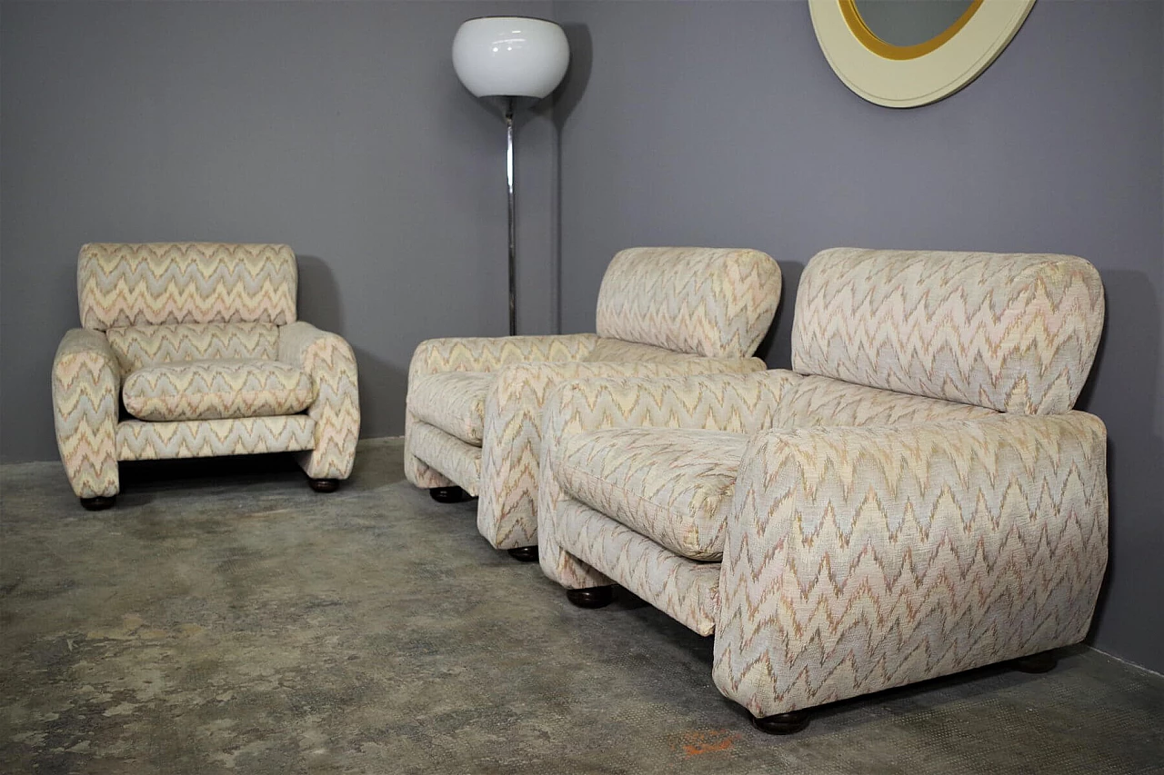 3 Armchairs with Missoni-style fabric and wooden feet, 70s 1394800