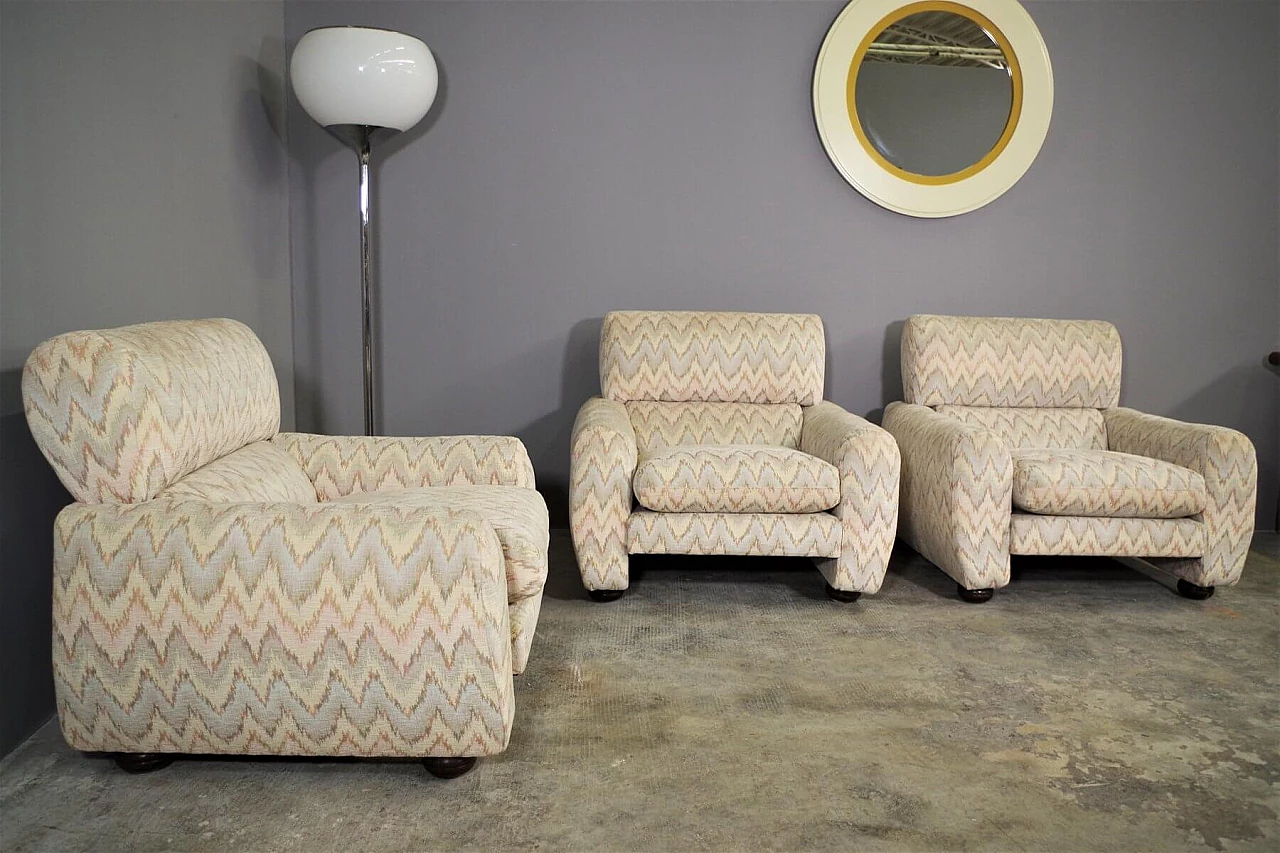 3 Armchairs with Missoni-style fabric and wooden feet, 70s 1394801