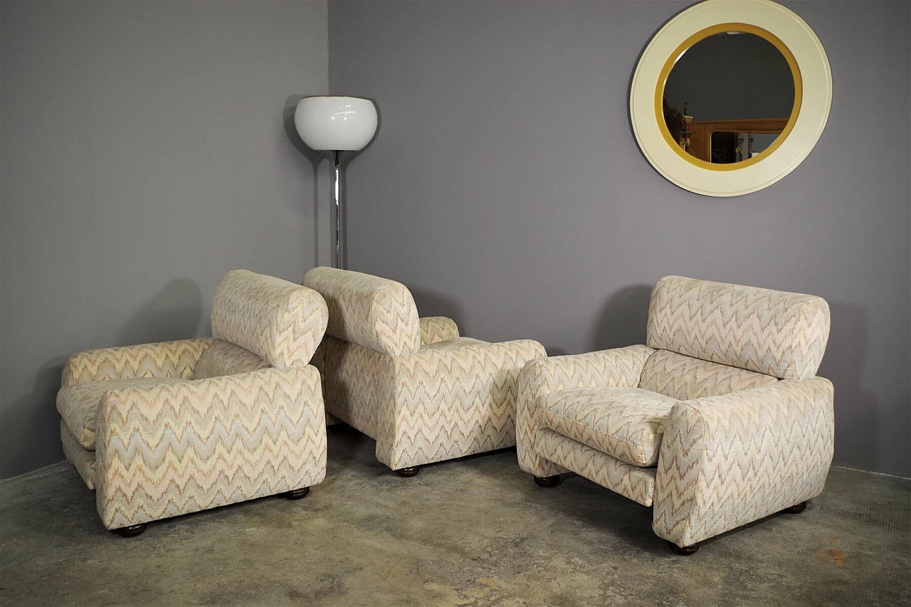 3 Armchairs with Missoni-style fabric and wooden feet, 70s 1394807